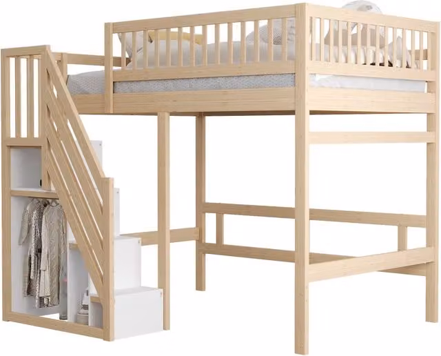 Letto a soppalco REDOM per bambini in legno di pino naturale con scala contenitore e scomparti laterali L/P/H: 200 x 140 x 173 cm