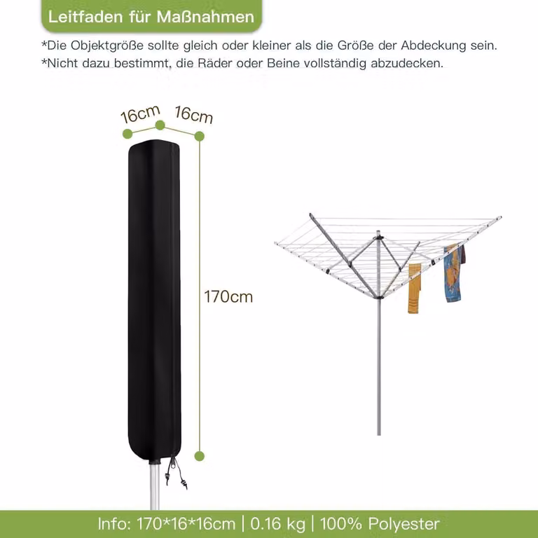 Copertura protettiva per stendibiancheria, realizzata in tessuto Oxford 420D, impermeabile e resistente ai raggi UV, colore nero, dimensioni 170x16x16 cm