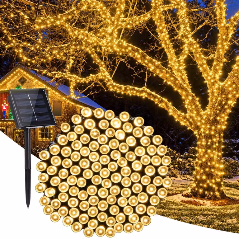 Catena luminosa solare, 20 metri, 200 LED, luce bianca calda, illuminazione per esterni