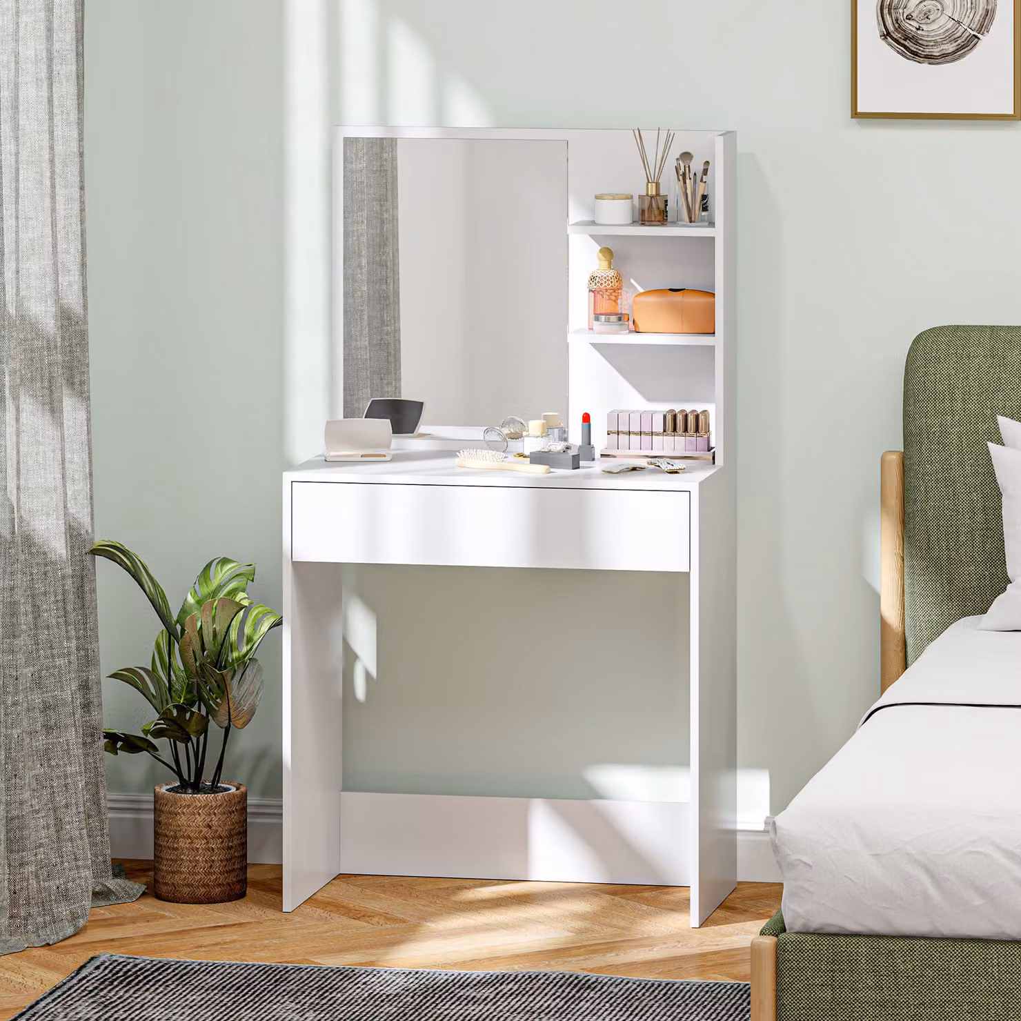 Tavolo da Trucco HOMCOM con Specchio, 3 Ripiani ad Angolo e Cassetto, in Legno e Vetro, Bianco, L: 75 cm, P: 40 cm, H: 137 cm – 2