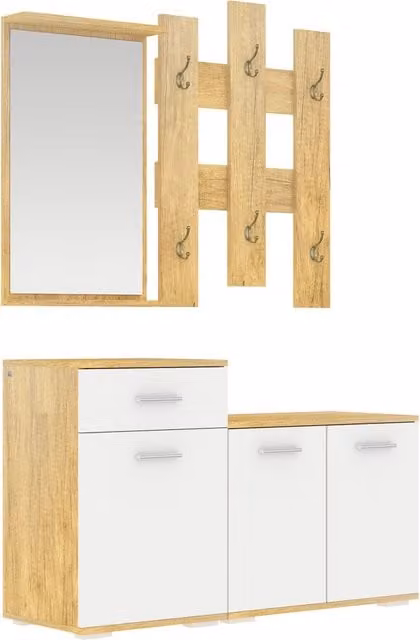 Set Ingresso 3 in 1 Zephmum in Legno Bianco con Appendiabiti, Specchio, Scarpiera e Panca Moderna