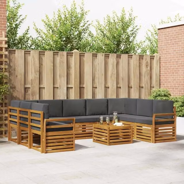 Set di divani da esterno a L con tavolino vidaXL in legno di acacia, colore beige e antracite, composto da 10 pezzi con cuscini inclusi – 1
