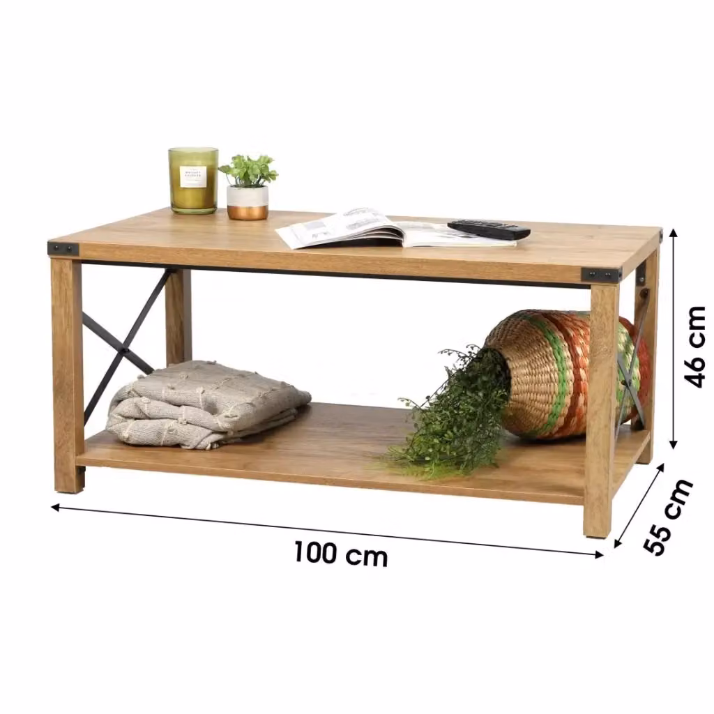 Tavolino basso moderno Meublorama con struttura a croce in metallo, colore marrone e nero, L: 100 cm, P: 55 cm, H: 46 cm – 2
