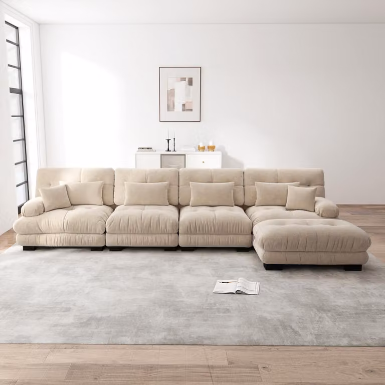 Divano angolare componibile Sweiko, set di divani a L per il soggiorno, comodi divani cloud a 4 posti con pouf mobile, combinazione fai da te, ciniglia, marrone chiaro