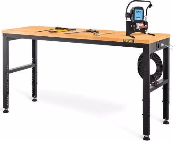 Bancoposta Kibus in legno massello marrone e nero, regolabile in altezza con 2 prese elettriche, L: 135 cm, P: 46 cm, H: 72-97 cm