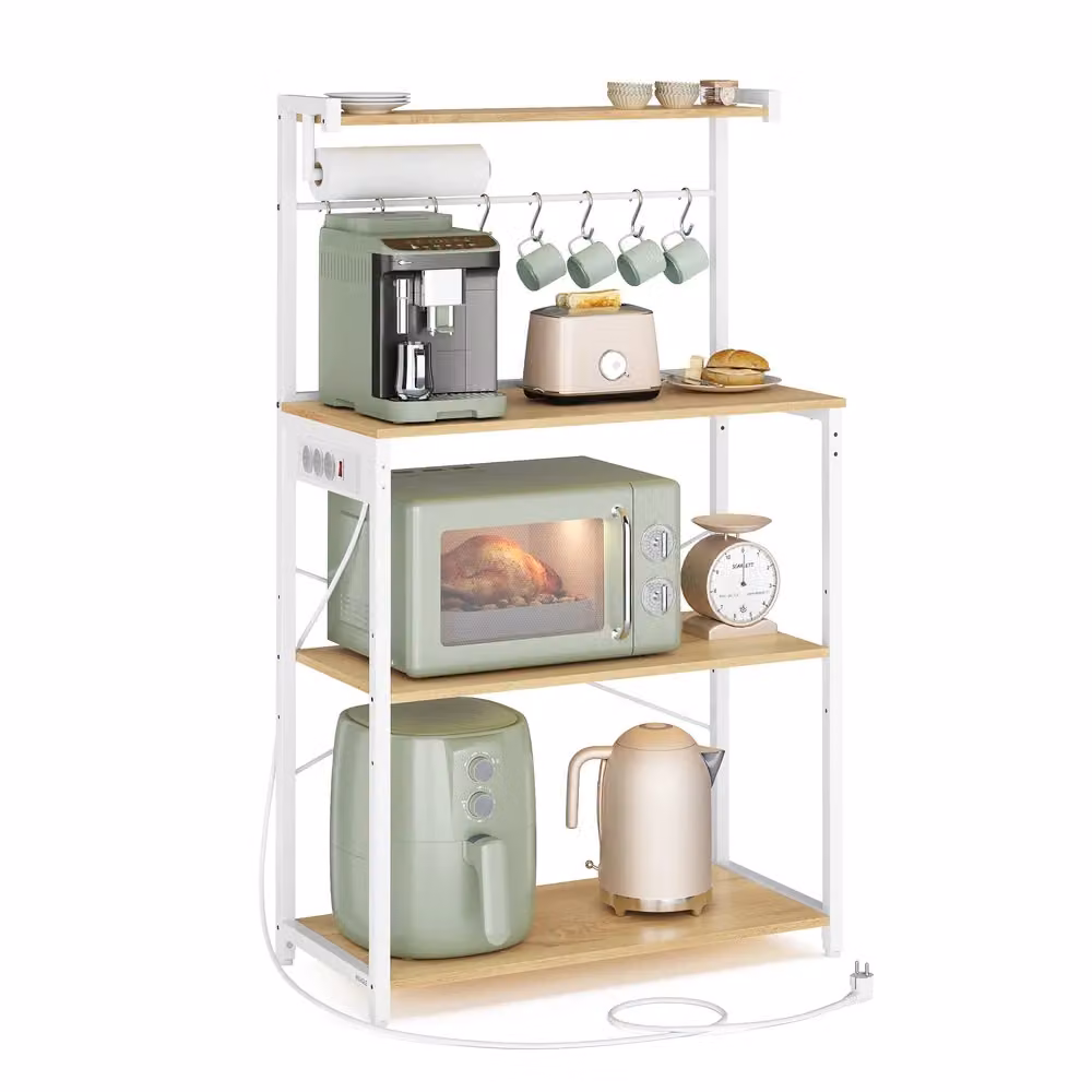 Scaffale da cucina con ripiani e ganci per elettrodomestici, Rovere Dorato + Bianco Nuvola / 40 x 80 x 140 cm