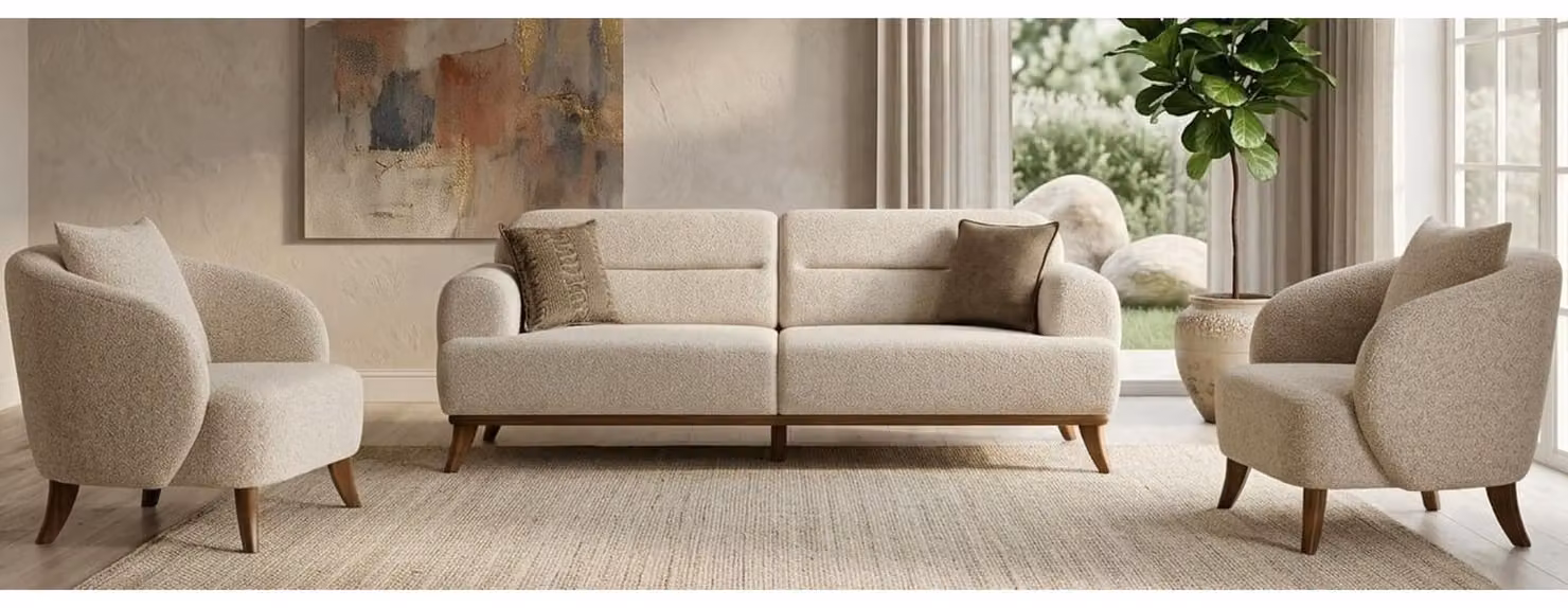 Divano componibile: 1 divano a 3 posti, 2 poltrone, colore beige, stile moderno, lussuoso