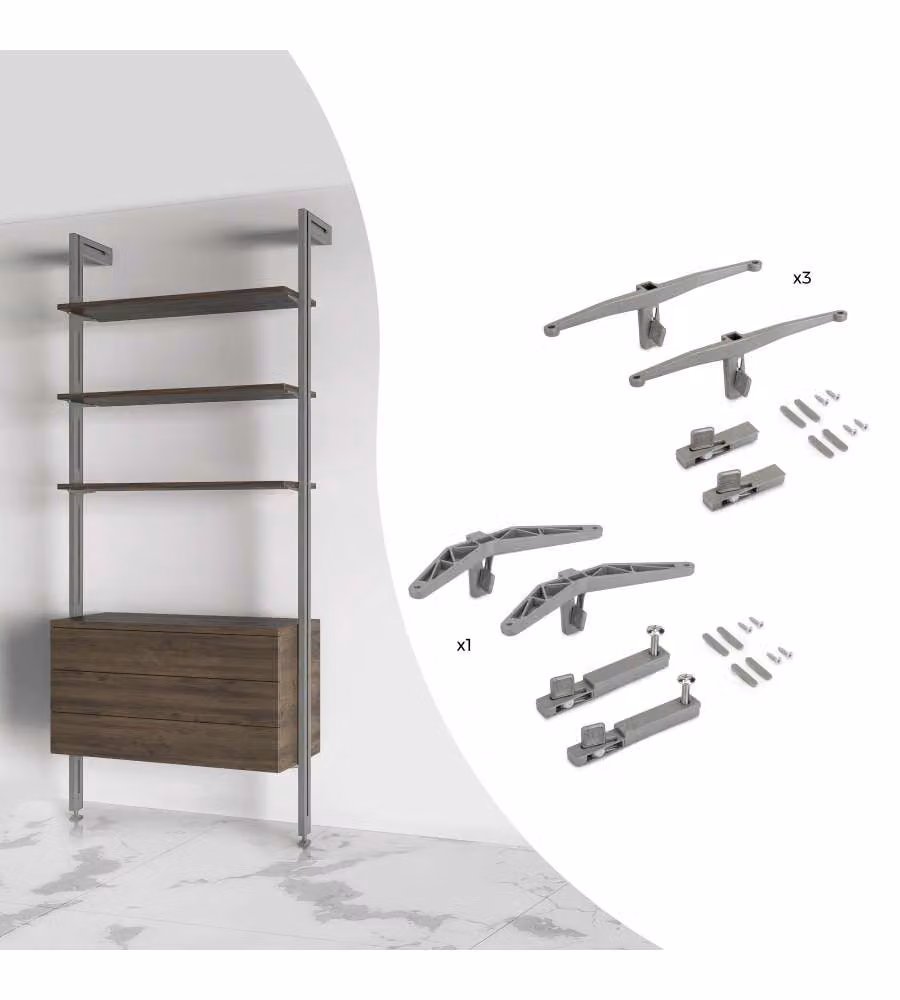 Kit di supporti Emuca per 3 mensole in legno e 1 modulo per struttura Zero in Zamak nero testurizzato opaco
