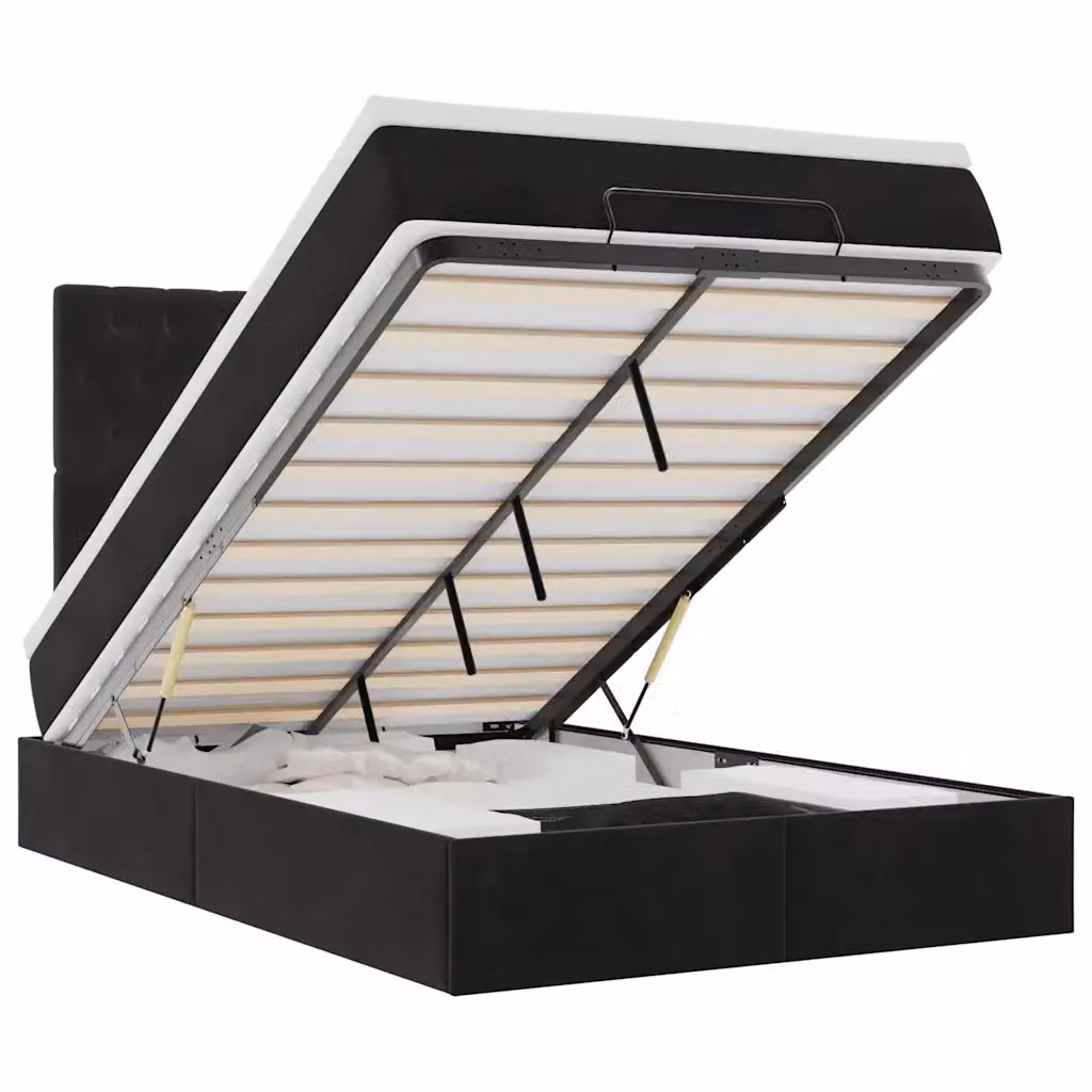 Letto moderno vidaXL in velluto nero e bianco con base contenitore a sollevamento, illuminazione sottostante e porte di ricarica USB, L/P/H: 193 x 120 x 128 cm – 2