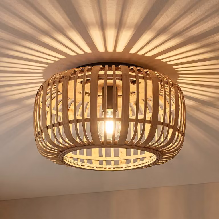 Plafoniera soffitto Canyana Lindby, dimmerabile, Legno chiaro, Soggiorno / Sala da pranzo, Legno, Campagna / Rustiche, Plafoniera