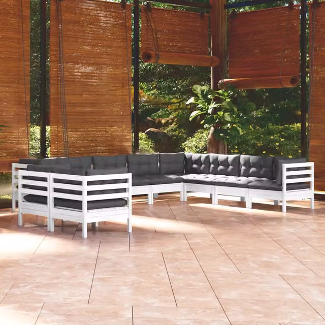 Set Divani da Giardino 10 pz con Cuscini Bianchi Legno di Pino 3096912