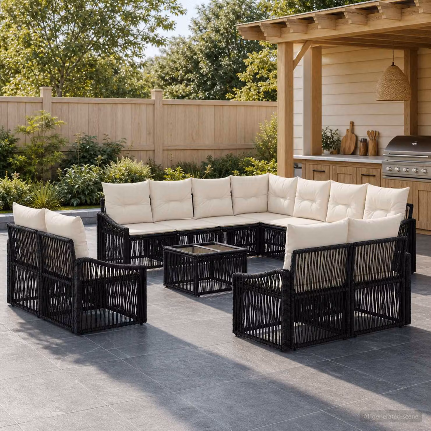 Set Divano da Giardino vidaXL a Forma di U in Polyrattan Nero con Cuscini Beige e Tavolino da Caffè