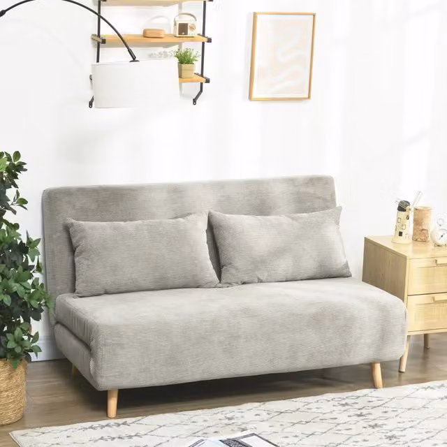 Divano letto a 2 posti MIVRAY in tessuto grigio con schienale regolabile e cuscini inclusi, L/P/H: 141 x 81 x 90 cm – 1