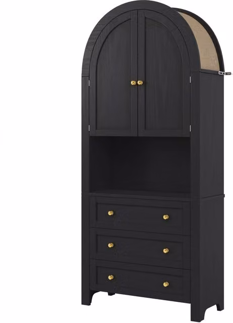 Armadio alto con arco, 70x35x180 cm, MDF nero con cassetti e ante imbottite per cucina e soggiorno