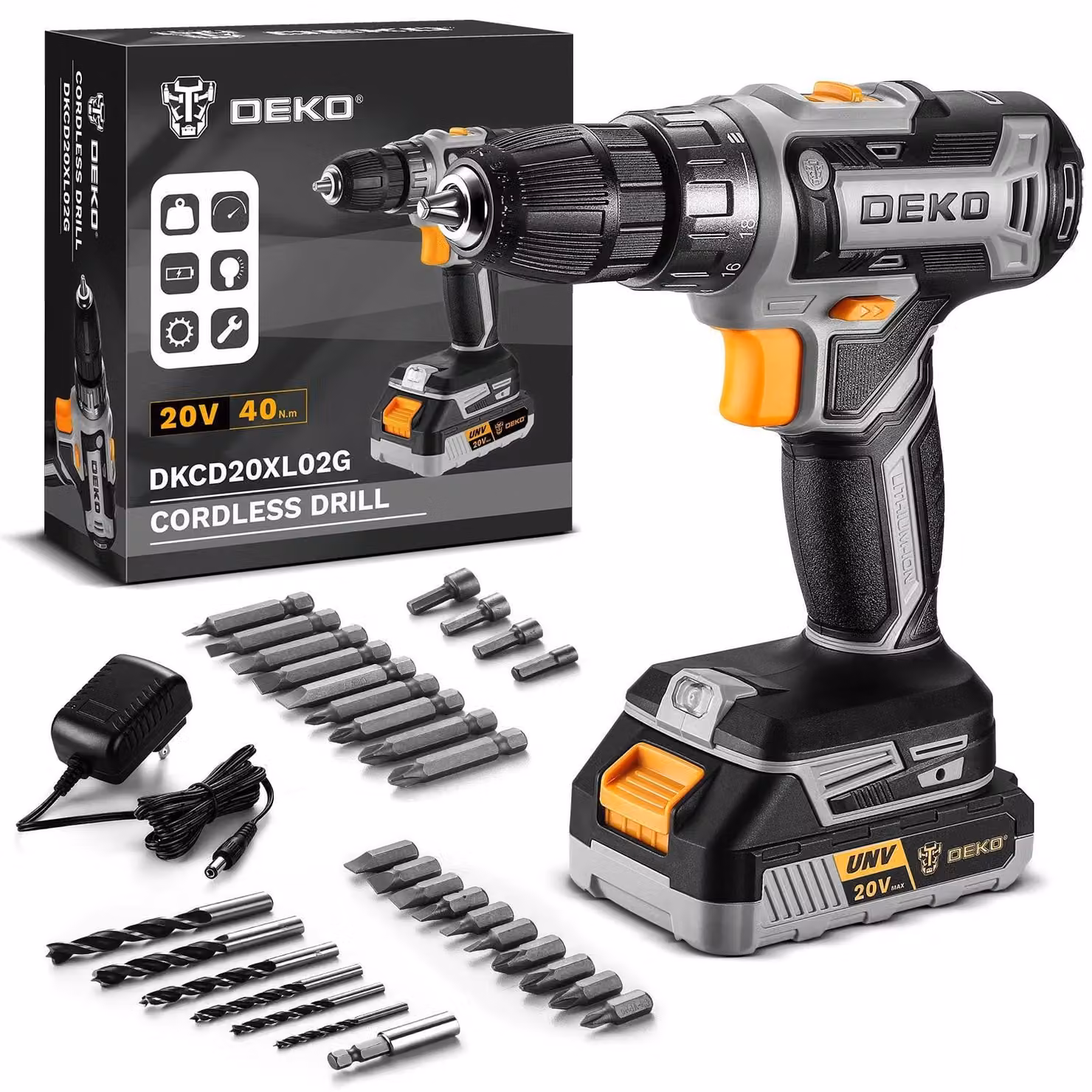 Trapano avvitatore a batteria da 20V per uso domestico, ideale per lavori in legno. Include batteria e caricabatterie. Codice prodotto: DKCD20XL02G-AZ01