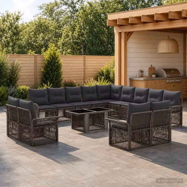 Set Divano da Giardino Moderno vidaXL in Polyrattan e Metallo, 14 Pezzi, Grigio