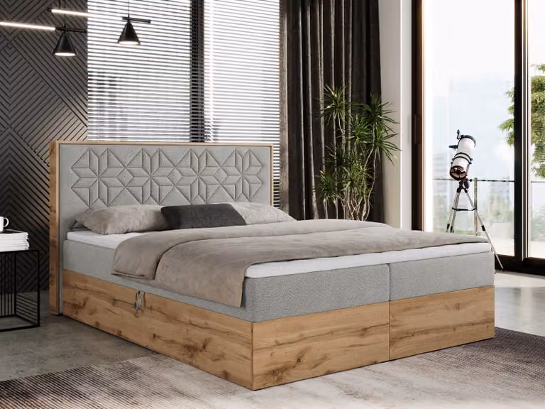 Letto boxspring 120x200 con contenitore, letto imbottito 120x200 con materasso H3, letto boxspring 120x200 con testiera, letto boxspring in legno massello - Nessi - Grigio chiaro strutturato - H3