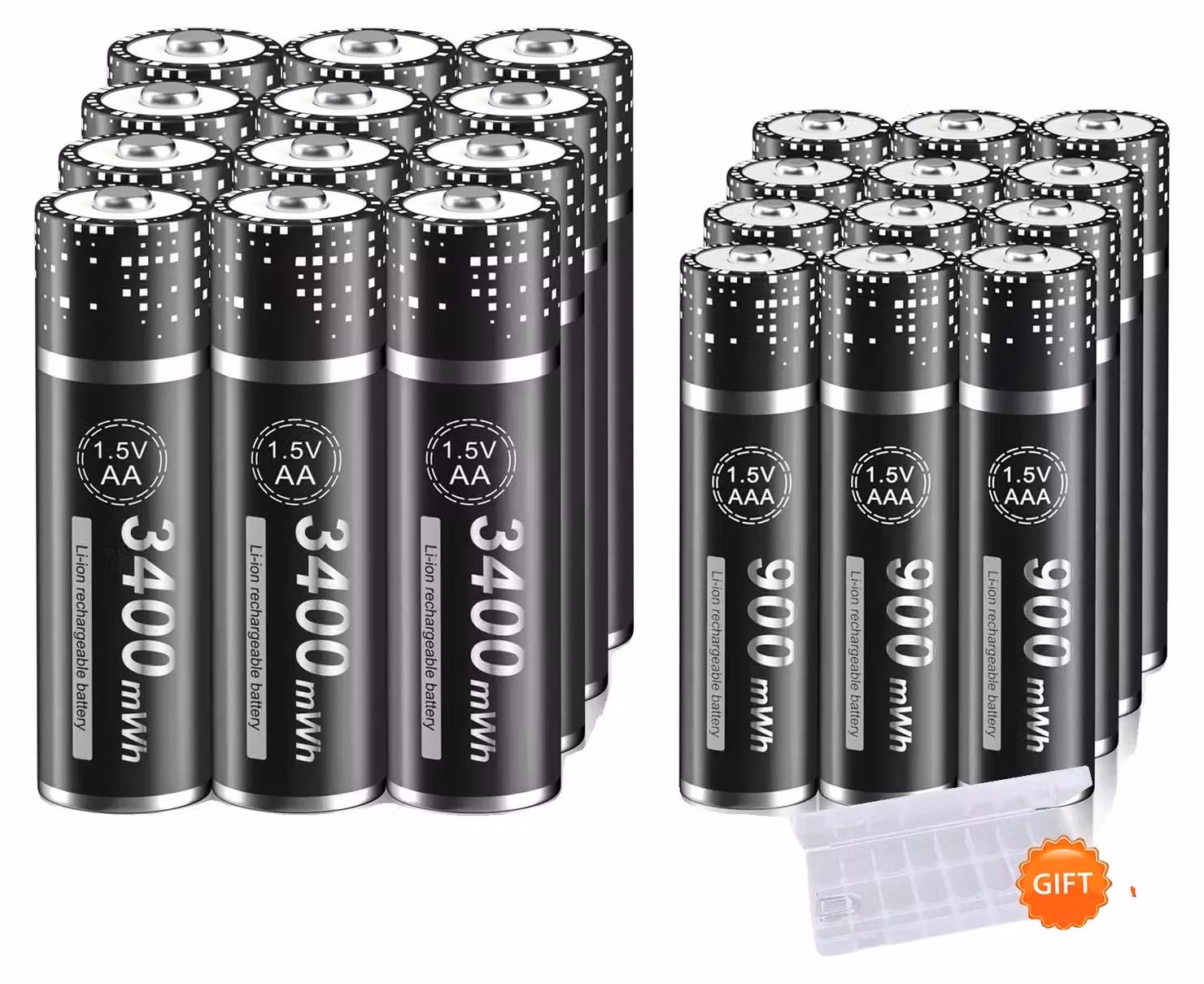 Batterie ricaricabili, ricarica efficiente, ampia compatibilità, 12 batterie AA, 12 batterie AAA