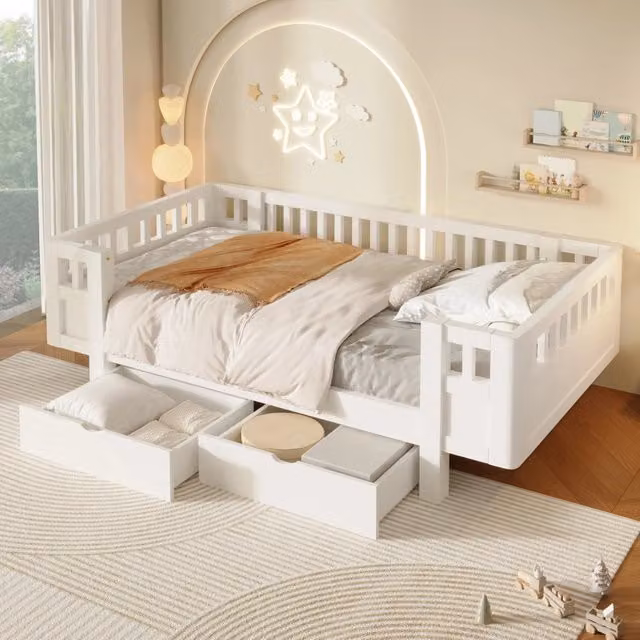 Letto per bambini 90 × 200 cm con barriera alta e 2 cassetti estraibili, senza materasso, in legno massello e MDF bianco