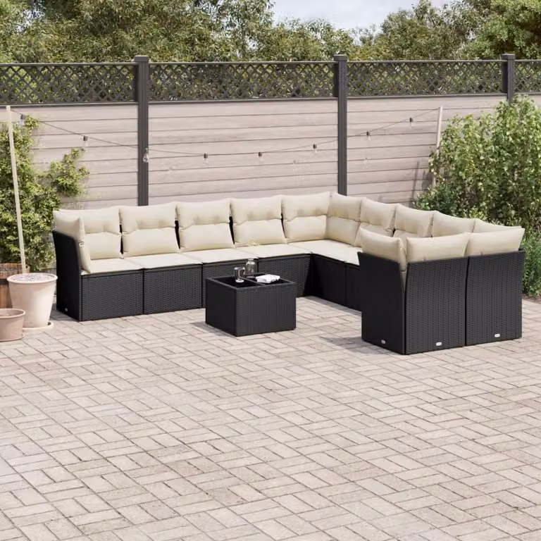 Set di Divani da Giardino vidaXL 11 pz a Forma a U con Cuscini e Tavolino, Polyrattan Nero e Bianco