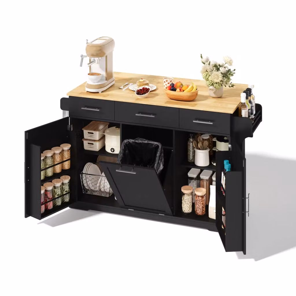 Carrello da cucina moderno Outsunny in MDF con 3 cassetti, 2 ante, vano rifiuti, portasciugamani e prese integrate, nero e naturale, H: 136 cm, L: 92 cm, P: 50 cm – 2