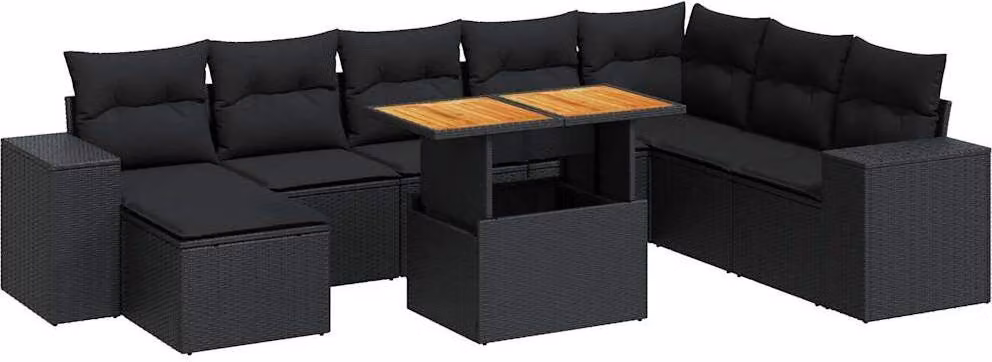 Set Divani da Giardino 9 pz con Cuscini Nero Polyrattan Acacia
