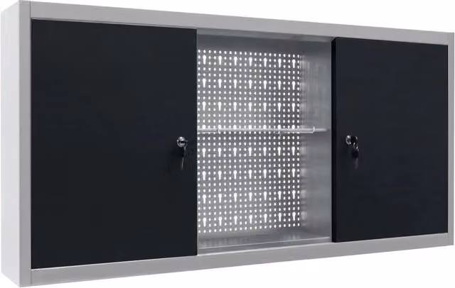 Armadio portautensili da parete in metallo con ante chiudibili, organizer per martelli e pinze, grigio e nero, L: 120 cm – 1