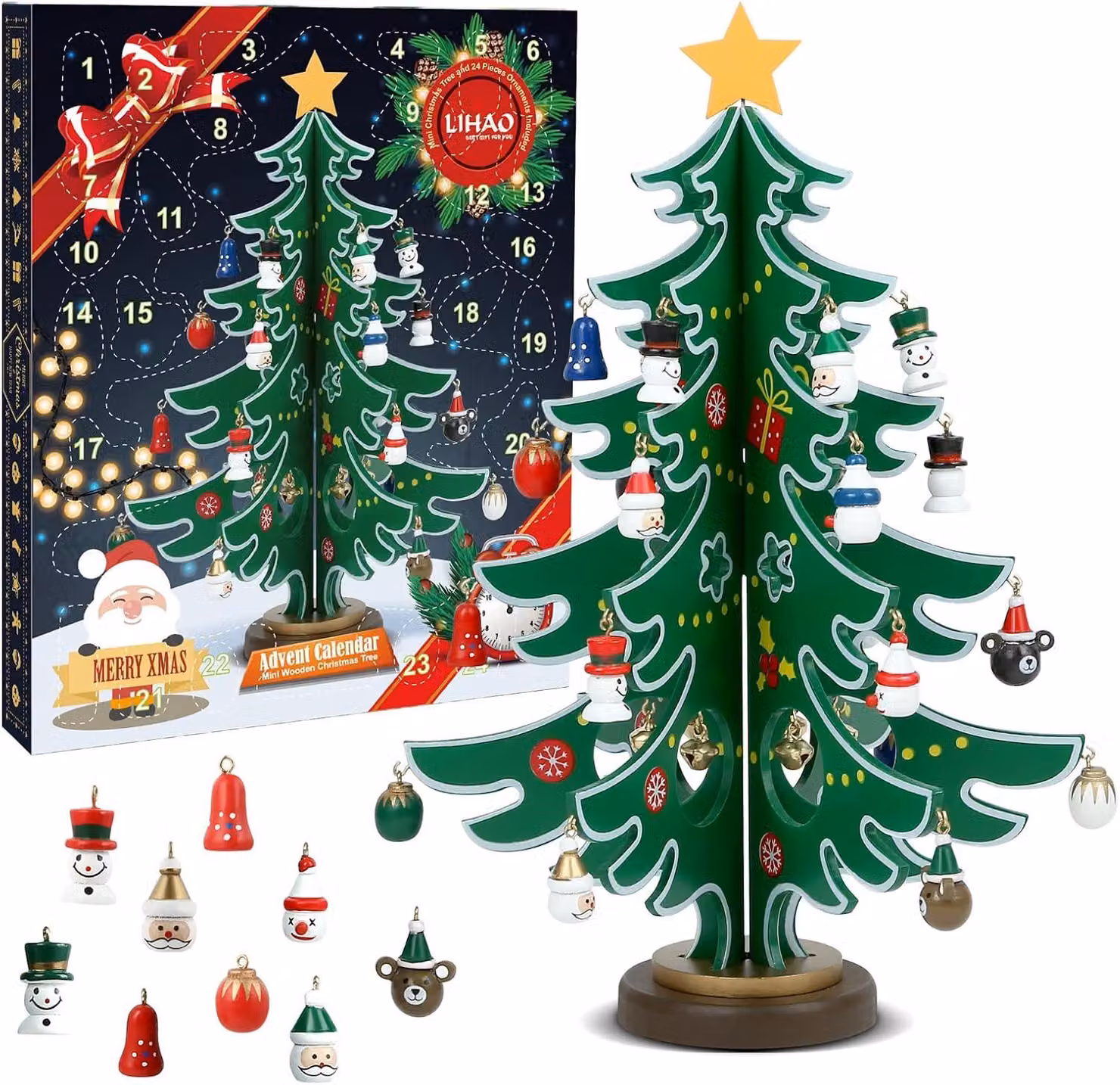 Calendario dell'Avvento: mini albero di Natale in legno con 24 decorazioni. Albero di Natale in legno da assemblare, con 24 ornamenti