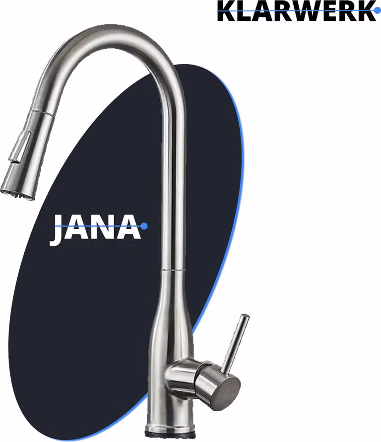 JANA | Rubinetto estraibile da cucina Premium in acciaio inox spazzolato argento |Miscelatore a gomito alto|Gastro rubinetto ad alta pressione ruotabile a 360° 2 attacchi