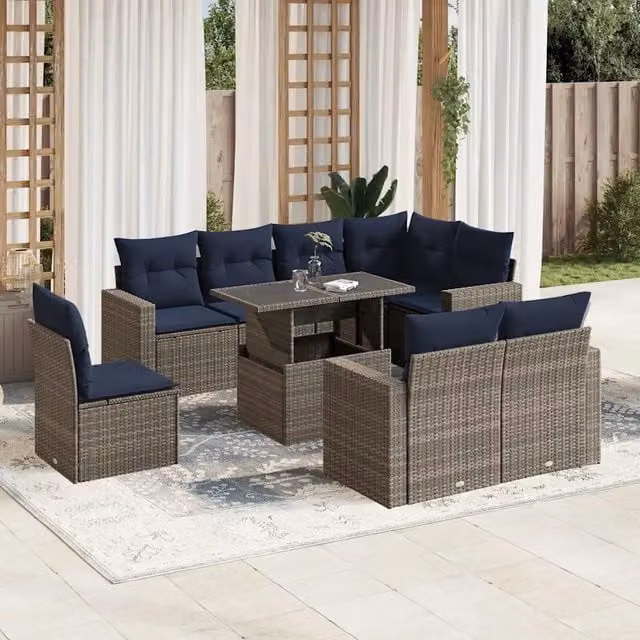 Set Divani da Giardino 9 pz con Cuscini Grigio in Polyrattan 3267411