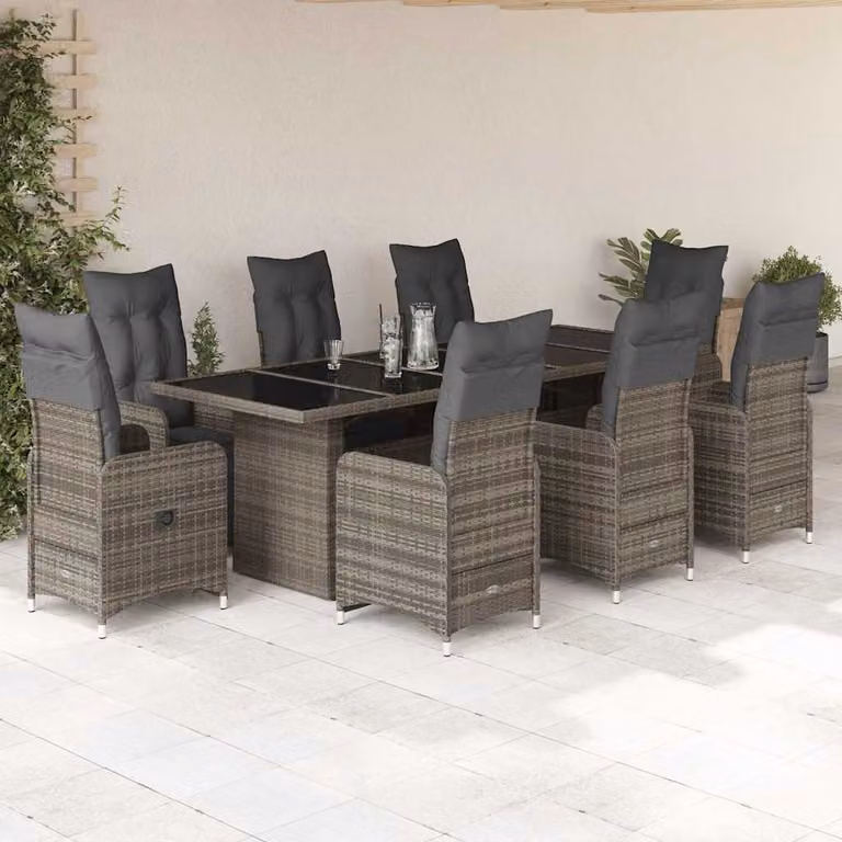 Set Bistrò da Giardino vidaXL 9 pz in Polyrattan e Metallo con Cuscini e Piano in Vetro Grigio