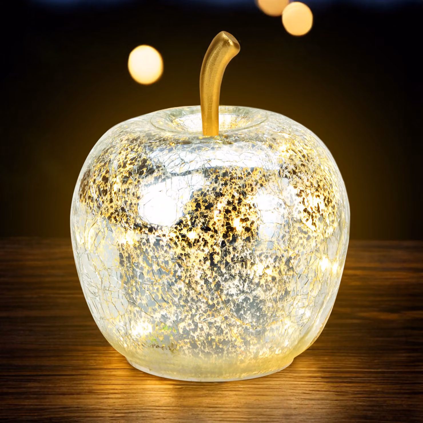 3.08 Piccola mela di vetro con 10 luci LED - Ø 11 cm - batteria luminosa decorativa - colore: argento (piccola)