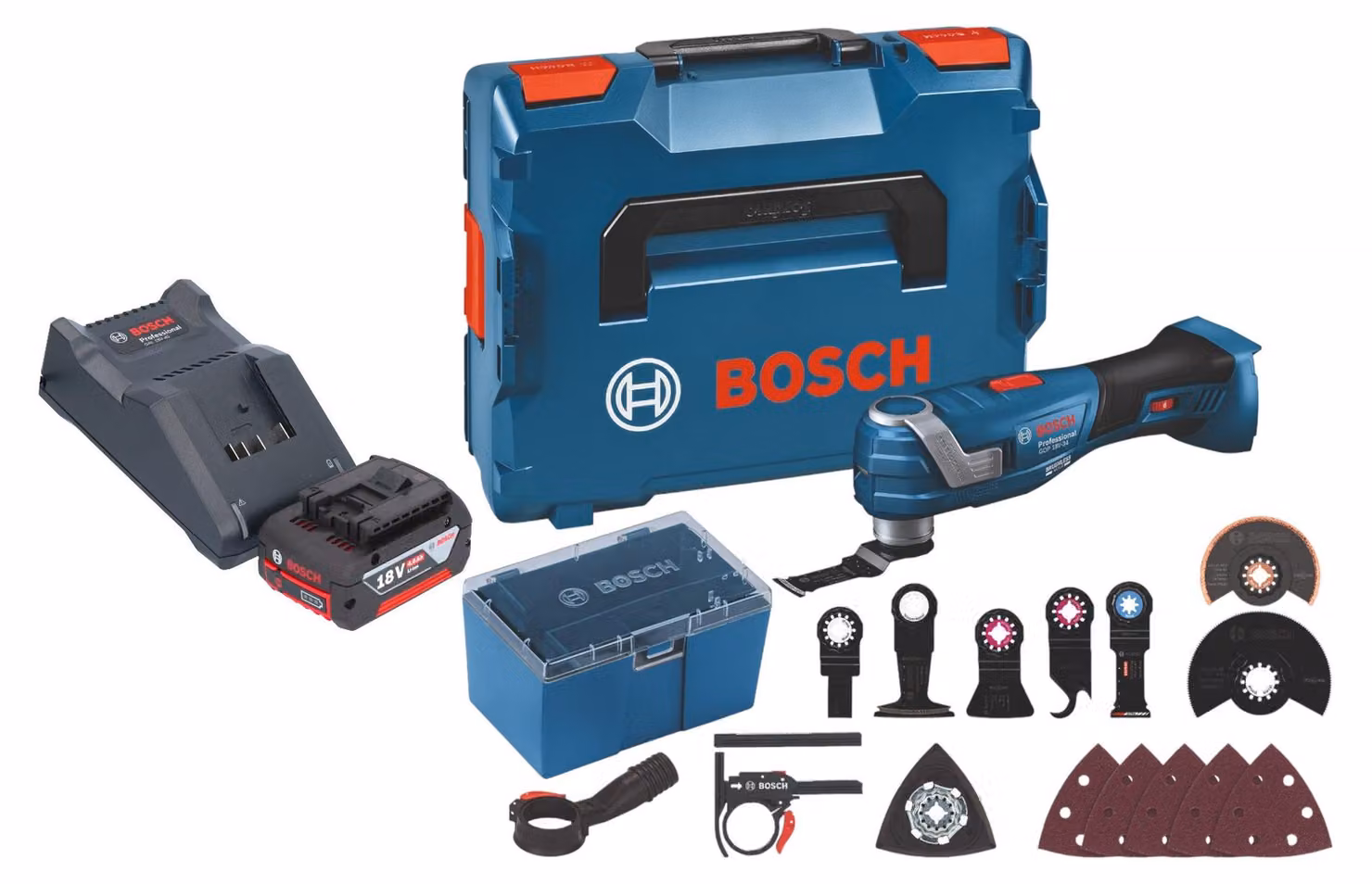 Bosch GOP 18V-34 Multi Cutter professionale a batteria 18 V Starlock Plus + 1x batteria ricaricabile 4,0 Ah + caricatore + 17 accessori + L-Boxx