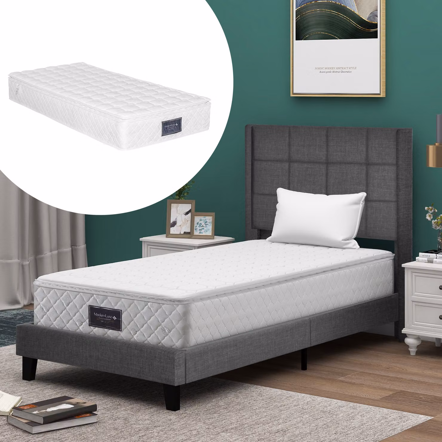 Letto imbottito Flieks con materasso, letto singolo in legno 90x200cm con rete a doghe e testata, letto per ragazzi 90x200cm con materasso, rivestimento in lino, grigio