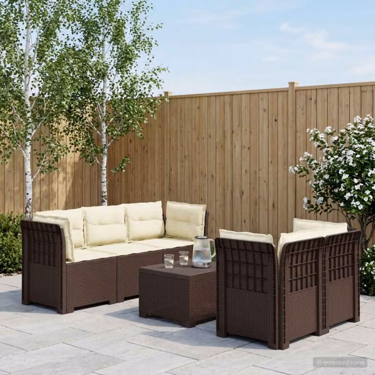 Set da giardino vidaXL a forma di L con divano da 3 posti, poltrona e tavolino da caffè, in polyrattan marrone e cuscini beige con coperture rimovibili