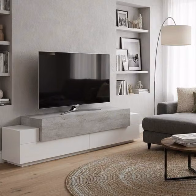 Mobile da soggiorno Porta Arold, Made in Italy, Supporto per Arold da salotto a 3 ante e ripiani, cm 200x45h52, Bianco lucido e Cemento