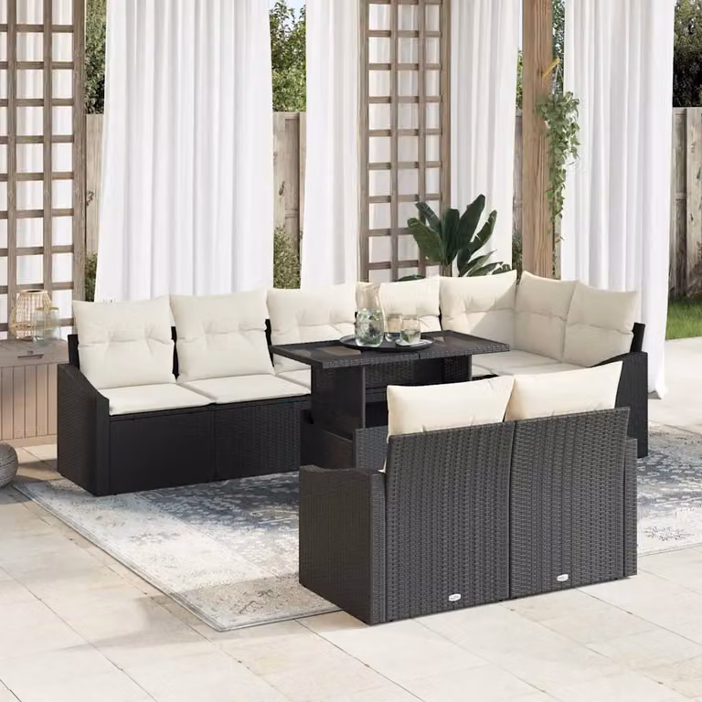 vidaXL Set Divano da Giardino a L in Polyrattan con Tavolino Nero e Beige, 9 Pezzi