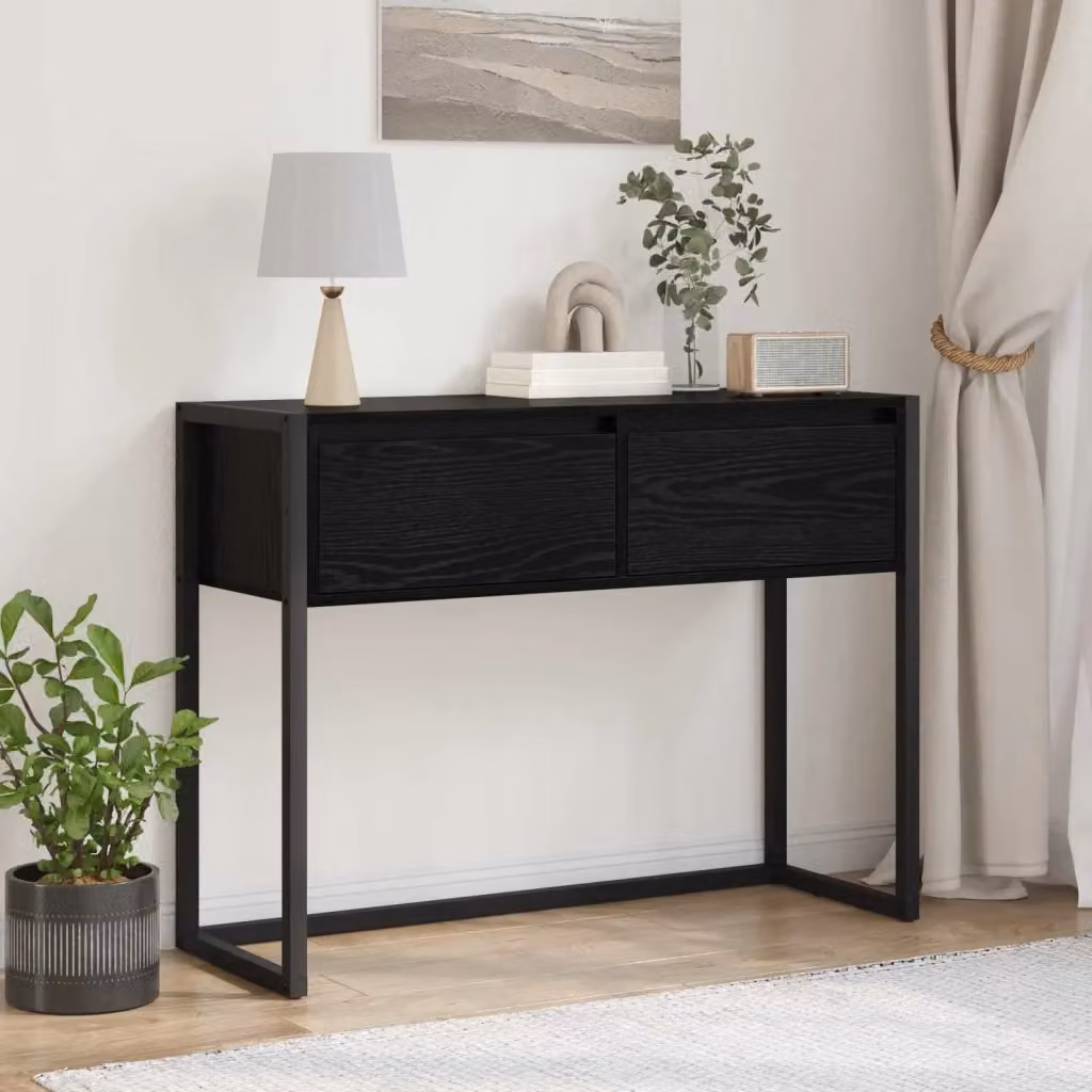 Tavolino laterale rettangolare in legno e metallo stile industrial, colore nero e rovere, L 100 cm x P 36 cm x H 75 cm – 2