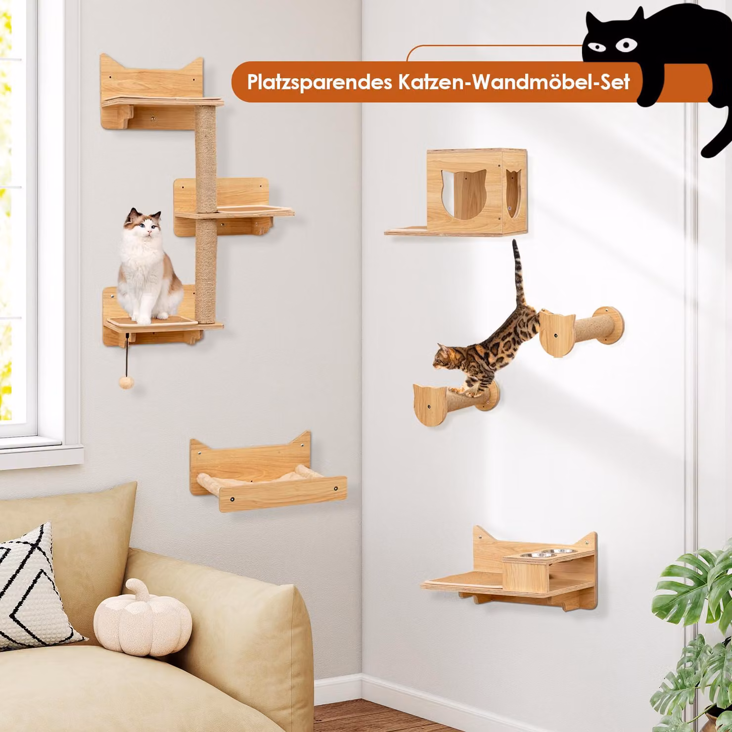 COSTWAY 6 PCS parete di arrampicata per gatti, tiragraffi con piattaforme, ciotola, casa per gatti, amaca, 2 tiragraffi e palla, albero a muro per gatti, mobili per gatti natura