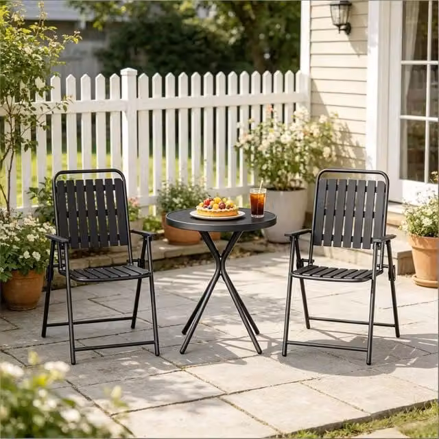 Set da giardino 3 pezzi con tavolo rotondo e 2 sedie pieghevoli con schienale ergonomico in vetro metallo e PP nero