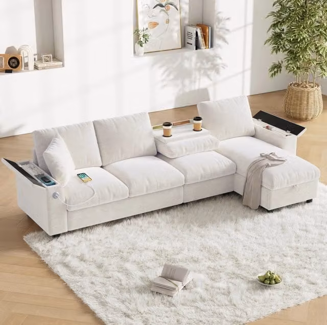 Divano angolare a L trasformabile con contenitore; tavolino ribaltabile USB/Type-C; chenille beige