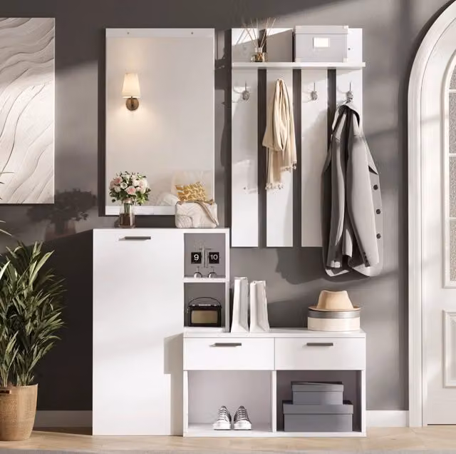 Armadio da ingresso moderno in MDF bianco con specchio, cassetti e appendiabiti L/P/H: 120 x 35 x 175.5 cm