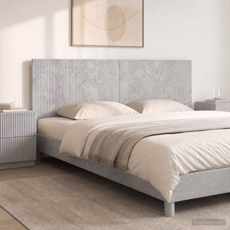 Testiera da muro vidaXL ARNHEM in tessuto grigio con ripiano integrato e pannello imbottito in legno ingegnerizzato L: 200 cm, H: 50 cm, P: 3 cm