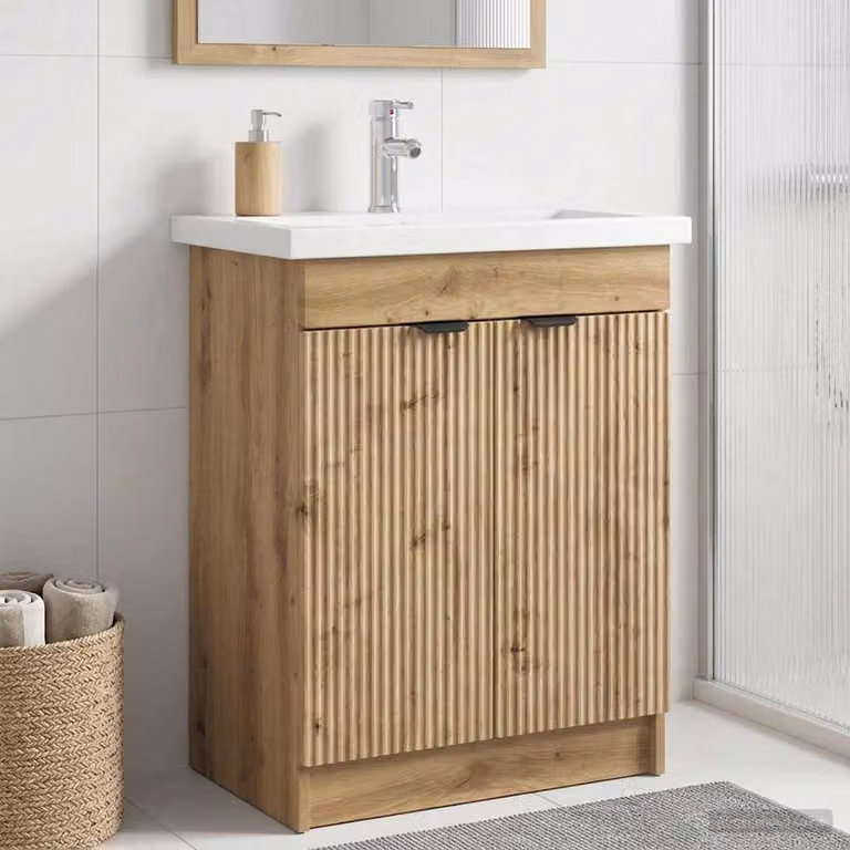 Mobiletto da bagno sotto il lavello vidaXL in Rovere e MDF con ante a battente e ripiani interni, Colore Marrone e Nero, L: 81,0 cm, P: 37,5 cm, H: 56,0 cm