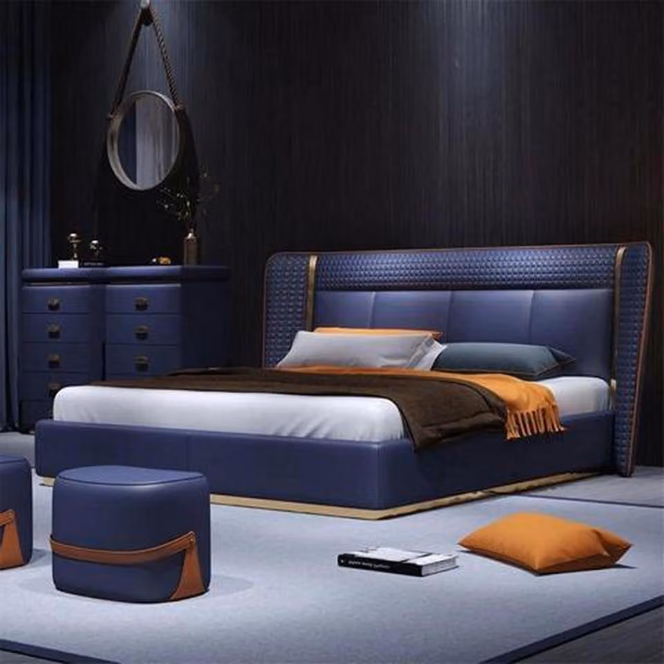 Dunkelblaues Doppelbett Designer Hotelbetten Stilvolles Polsterbett