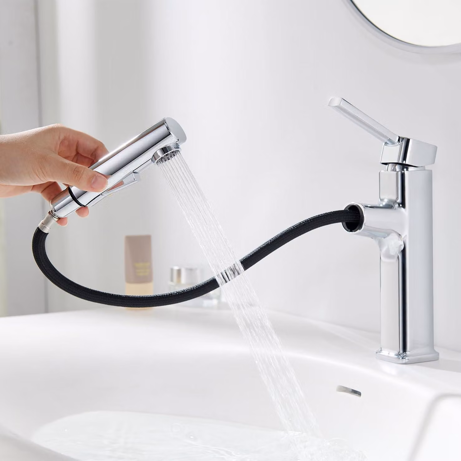 Miscelatore per lavabo con doccetta estraibile, 2 getti, finitura cromata