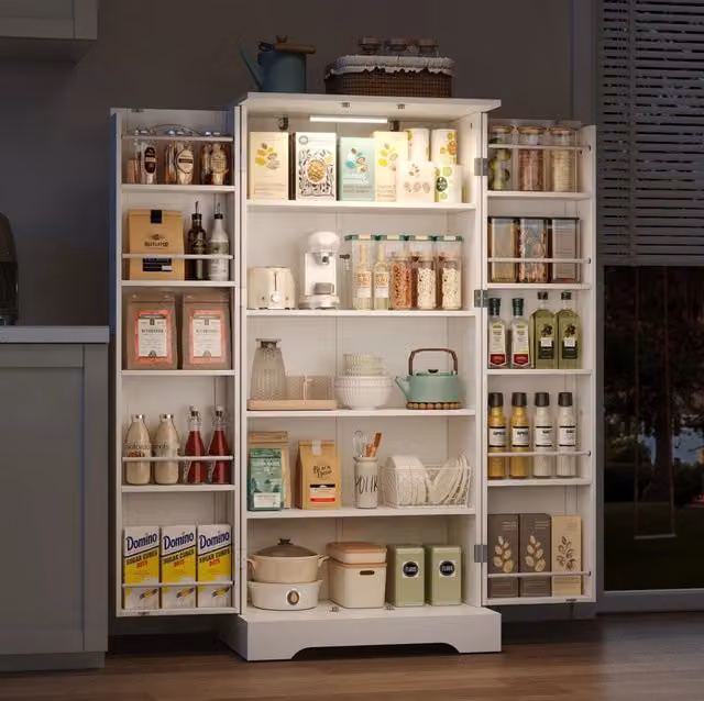 Armadio da cucina 60x35x128 cm bianco – LED e ripiani regolabili