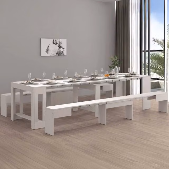 Set di 2 panche allungabili Quedan DMORA in legno di larice bianco per sala da pranzo e soggiorno L: 290 cm, P: 25 cm, H: 45 cm