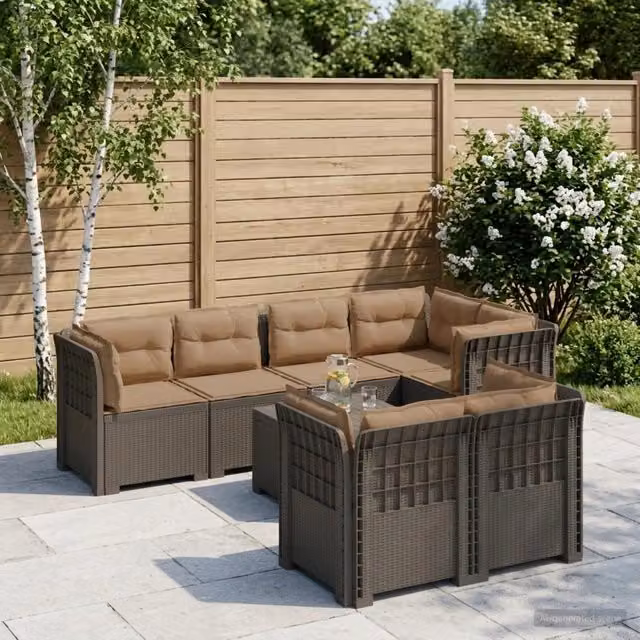 Set da giardino moderno vidaXL con 7 posti in polyrattan grigio e cuscini imbottiti resistenti ai raggi UV