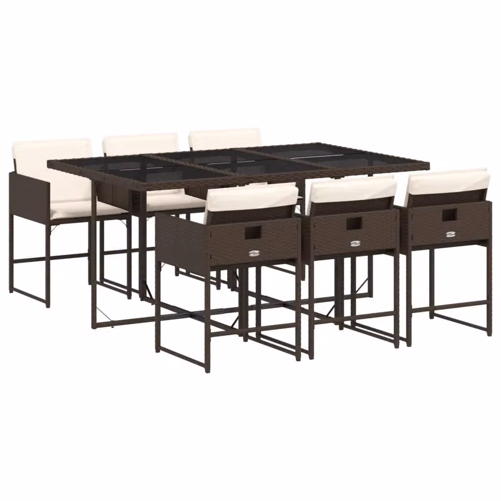 vidaXL Set da Pranzo da Giardino 7pz in Polyrattan Marrone con Piano in Vetro e Cuscini – 2